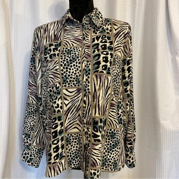 Alfred Dunner Multicolored Animal Print Long Sleeve Button Down Blouse Size 12P - Picture 1 of 5